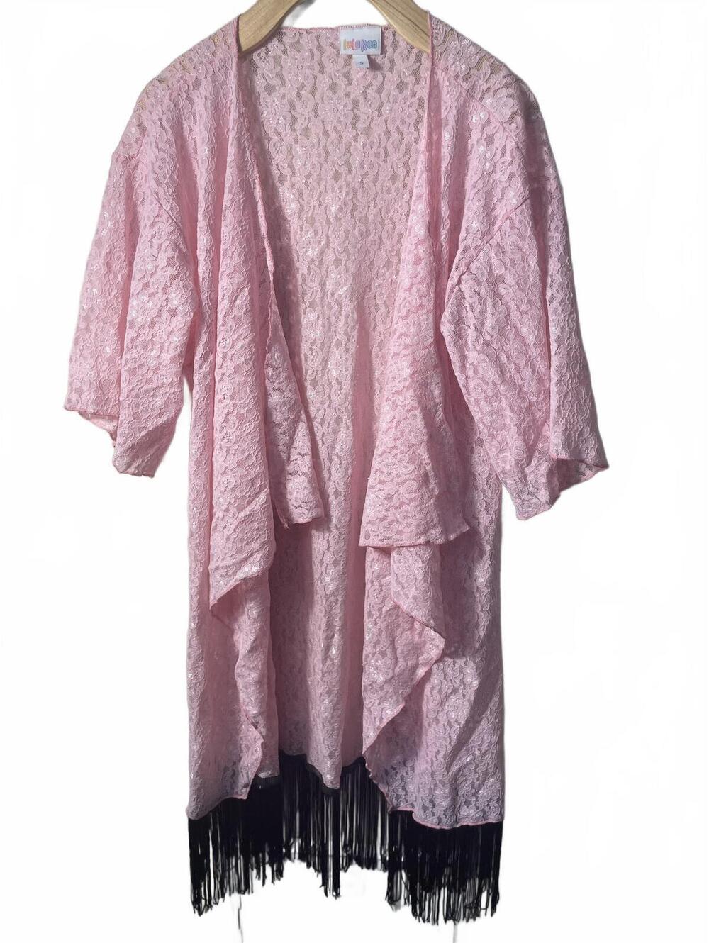 LuLaRoe Lace Kimono Cover Up Fringe Womens Size Small Pink Black Layering New